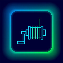 Glowing neon line Spinning reel for fishing icon isolated on black background. Fishing coil. Fishing tackle. Colorful outline concept. Vector