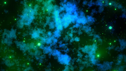 Outer space background with blue green nebula and starfield. Glowing gas clouds, constellation of shining stars, Milky Way. Galaxy exploration. Astronomy science. Dark futuristic illustration 8k 16:9