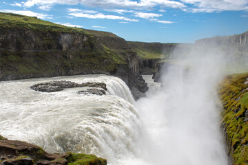 Water flowing strongly at Gullfoss Waterfall in Icelands Golden Circle