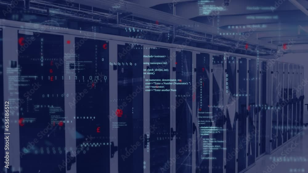 Aufkleber animation of mathematical equations, binary codes and computer language over server room