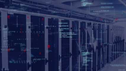 Animation of mathematical equations, binary codes and computer language over server room - Powered by Adobe