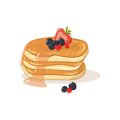 Pancakes, baking with honey and berries on a plate. Breakfast time, concept, stock field	