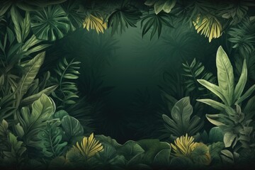 Fototapeta na wymiar Tropical jungle background with green leaves and flowers illustration. Beautiful jungle background with border made of tropical leaves, AI Generated