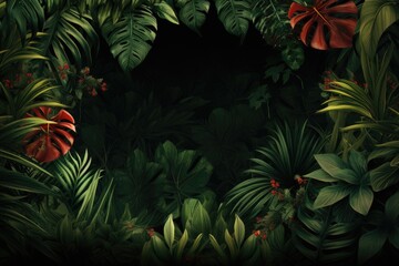 Tropical leaves background. Monstera, fern, palm leaves, hibiscus. 3d illustration, Beautiful jungle background with border made of tropical leaves, AI Generated