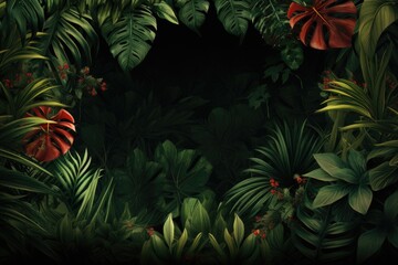 Fototapeta premium Tropical leaves background. Monstera, fern, palm leaves, hibiscus. 3d illustration, Beautiful jungle background with border made of tropical leaves, AI Generated