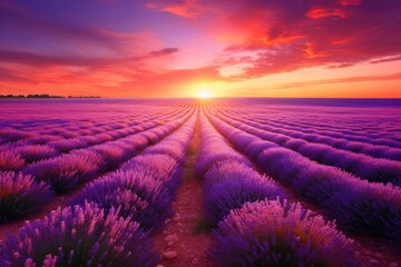 Beautiful sunset over lavender field in Provence, France, Beautiful lavender field landscape view at sunset time, AI Generated