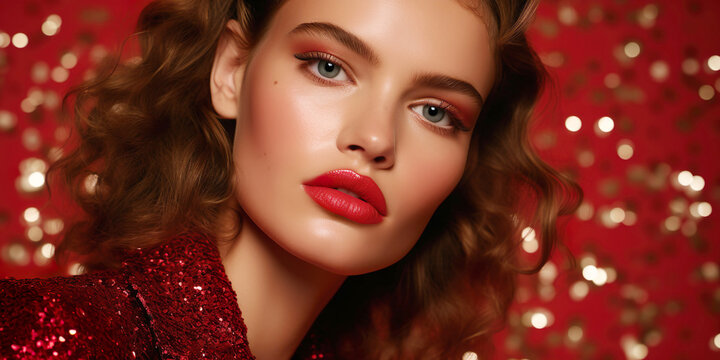 A young woman captivates with her vibrant winter style, donning glittering blazers and makeup. The sparkling background contributes to the festive and glamorous atmosphere.