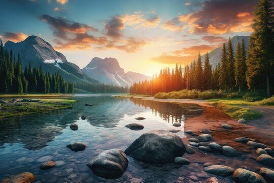 Mountain Lake at sunset. Panoramic view of the mountain lake. Beautiful lake landscape view with green trees, mountains, and sunset, AI Generated