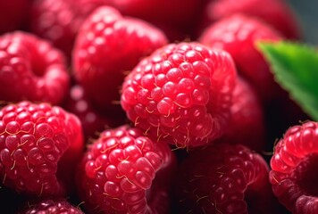 Ripe fresh raspberries with leaf