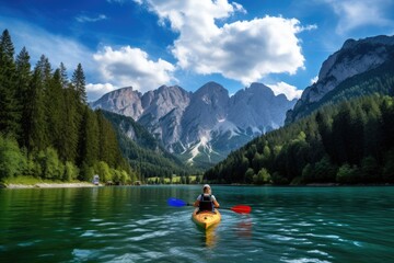 Woman kayaking on the lake in the Dolomites, Italy, Beautiful woman kayaking on a beautiful mountain lake with green trees, AI Generated