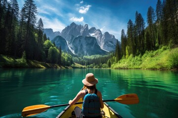 Young woman paddling a kayak on the lake of Braies, Dolomites, Italy, Beautiful woman kayaking on a beautiful mountain lake with green trees, AI Generated