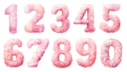 Watercolor cute soft pink fluffy adorable knitted kawaii numbers: 1, 2, 3, 4, 5, 6, 7, 8, 9, 0 - obrazy, fototapety, plakaty