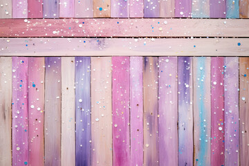 Wooden colourful pastel trendy background, shabby wood, small sparkles, glitter