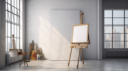 Blank canvas on wooden easel by window in painter's studio - obrazy, fototapety, plakaty