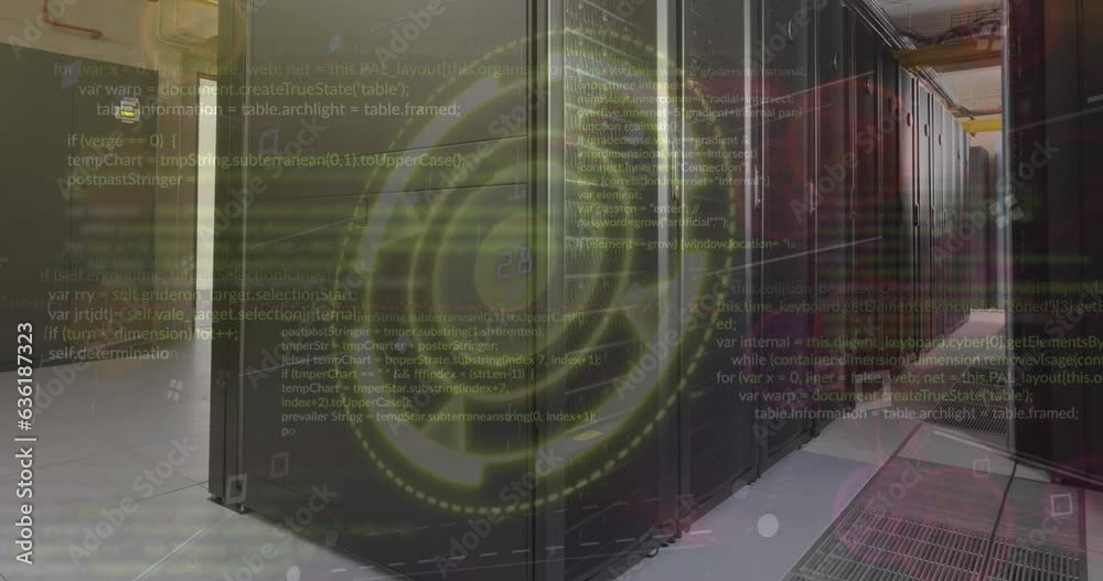 Poster animation of icons, computer language and loading circle over serve room