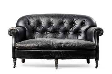 Old black leather sofa furniture isolated on a white background. 