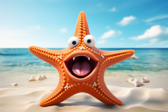 Close-up Portrait of Funny Starfish In Beach, 3D Rendering