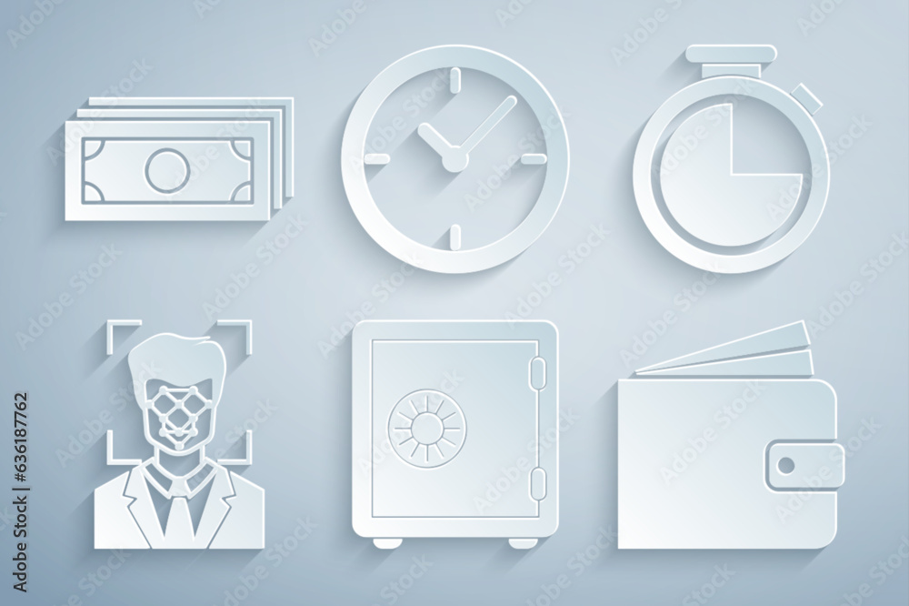 Poster Set Safe, Stopwatch, Face recognition, Wallet, Clock and Stacks paper money cash icon. Vector