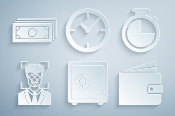 Set Safe, Stopwatch, Face recognition, Wallet, Clock and Stacks paper money cash icon. Vector