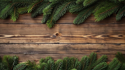 Christmas decoration. Fir tree frame witch christmas lights on rustic, wooden background. High angle view