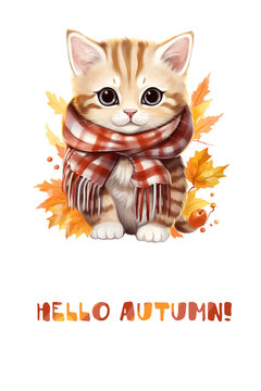 A cat wearing a scarf and sitting on a pile of leaves. Digital image. Text Hello Autumn.