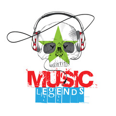 Human skull listens music on headphones sketch engraving vector illustration. Scratch board style imitation. Hand drawn image.