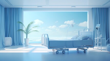 Hospital recovery room with beds.3d rendering.Concept Art Scenery. Book Illustration. Video Game Scene. Serious Digital Painting. CG Artwork Background. Generative AI
