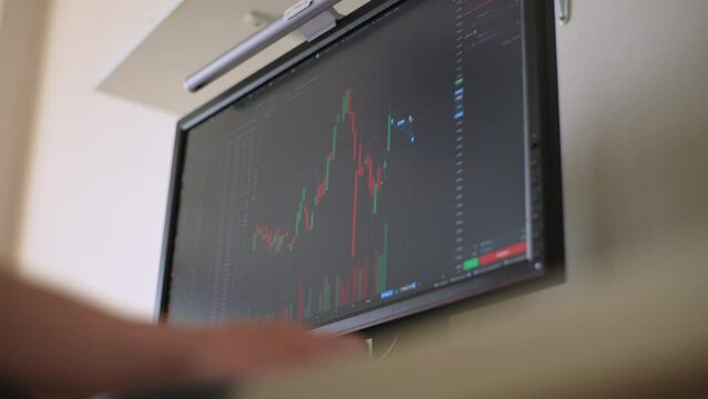 Closeup low-angle view of unrecognizable male trader analyzing real-time stocks, exchange market charts on desktop PC monitor workstation. Man working in investment at home office, slow motion.