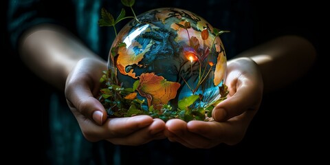 Hands holding a planet with leaves.