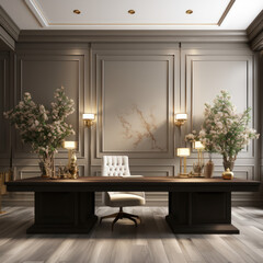 elegant office with a marble desk light gold 
