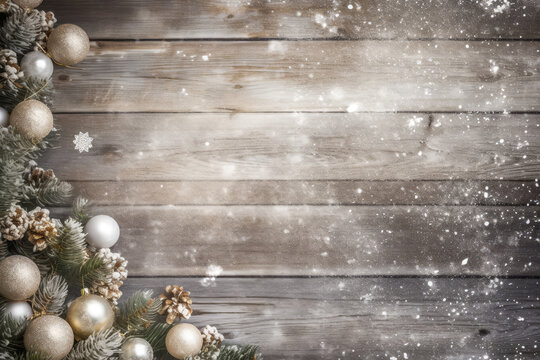 wooden background with Christmas decorations on border, free space for text, Christmas postcard. 