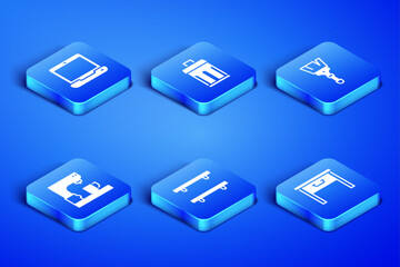 Set Furniture nightstand, Laptop, Empty wooden shelves, Coffee machine, Trash can and Paint brush icon. Vector