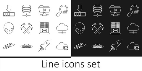 Fototapeta na wymiar Set line Cloud mail server, Network cloud connection, FTP cancel operation, Two crossed hammers, Alien, Loading, Mail and Server, Data, Web Hosting icon. Vector