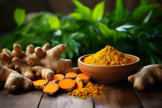 Turmeric root and turmeric powder.
