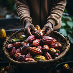 A farmer harvests fresh chocolate in a plantation - field, AI generated