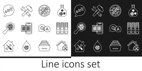Set line House service, Office folders, Stop virus, bacteria, Smartphone and book, Microorganisms under magnifier, Speech bubble with snoring, Question Answer and Crossed hammer wrench icon. Vector