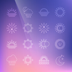 Set line Moon and stars, Sun, Eclipse of the sun, Sunset, and icon. Vector
