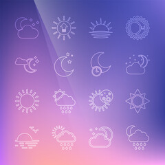 Obraz premium Set line Cloud with rain and moon, Sun, stars, Sunset, Moon, and Sleeping icon. Vector