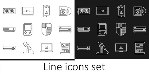 Set line Game guide, Video game console, Mobile and playing in, Portable video, graphic card, Shield for and Chest icon. Vector