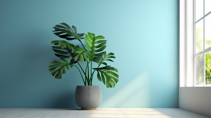 Green monstera swiss cheese flower in a pot isolated on blue background