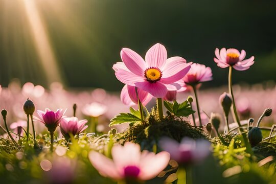  pink flower anemones frish spring morning on nature