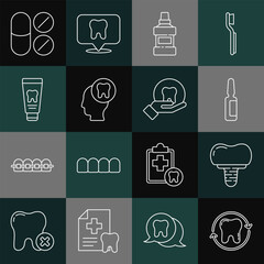 Set line Tooth whitening, Dental implant, Painkiller tablet, Mouthwash bottle, Human head with tooth, Tube of toothpaste, and icon. Vector