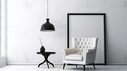 Living room with gray armchair, plant, wooden lamp and empty mock up picture on the wall