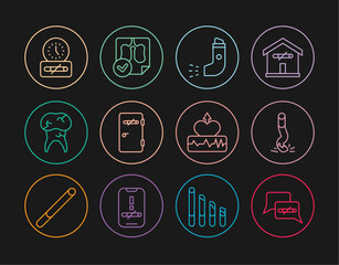 Set line No smoking, Cigarette butt, Inhaler, area, Tooth with caries, time, Heartbeat increase and Lungs x-ray diagnostics icon. Vector