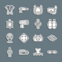 Set line Glasses for swimming, Flippers, Aqualung, Diving mask with snorkel, Flashlight diver, Turtle, Wetsuit scuba diving and watch icon. Vector