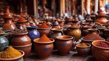 Fototapeta na wymiar Exotic colorful spices and herbs at the market. Ceramic terracotta pots of Turkish tea