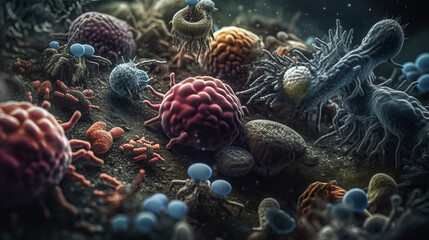 Microscopic virus cells and bacteria 3d - obrazy, fototapety, plakaty
