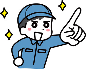 笑顔で指を差す作業服＆帽子の若い男性(上半身)