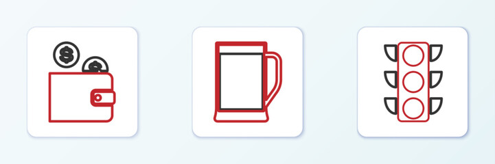 Set line Traffic light, Wallet with coin and Glass of beer icon. Vector