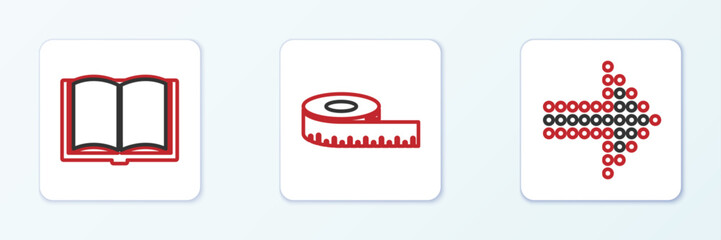 Set line Dots arrow, Open book and Tape measure icon. Vector